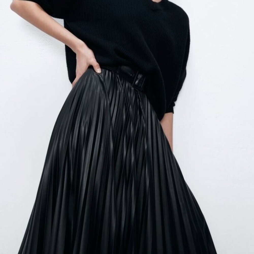 Black Zara Belted Pleated Faux Leather Midi Skirt